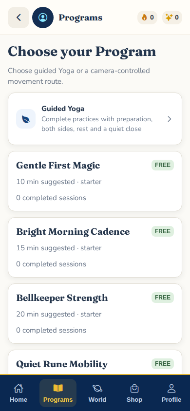 Actual Exermagica Programs screen showing Guided Yoga and the free Gentle First Magic program.
