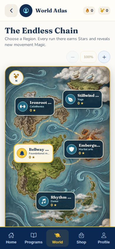 Actual Exermagica World Atlas screen showing the illustrated continents and Bellway Reach.