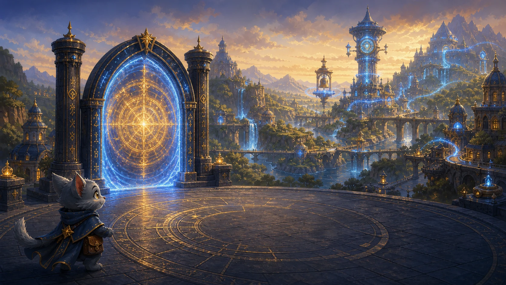 The glowing gates and lantern-lit streets of Bellway Reach, a world in Exermagica.