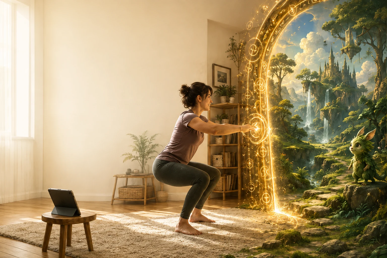 A woman exercising at home opens a golden portal to an enchanted forest.